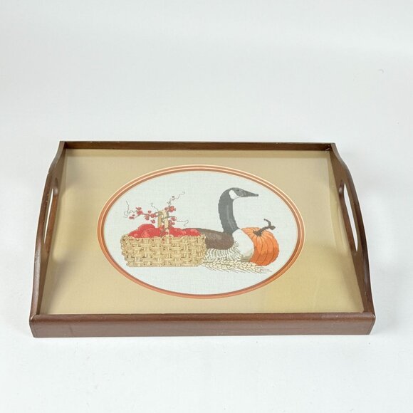 Vintage Fall Goose Harvest Cross-Stitch Serving Tray Rustic Farmhouse Decor - Picture 1 of 10
